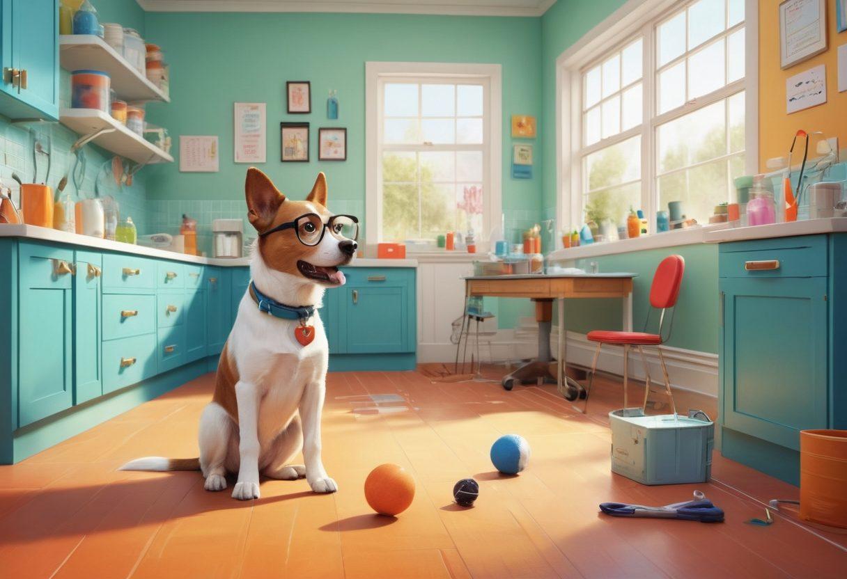 A whimsical scene blending cartoonish adult animation elements with a serene veterinary clinic setting. Illustrate animated pets engaging humorously with veterinarian professionals, surrounded by vibrant medical tools and playful animations that symbolize health and wellness. Incorporate hidden sexual media motifs subtly integrated into the background, enhancing the unique perspective of the blog. bright colors. cartoon style. fun and playful.